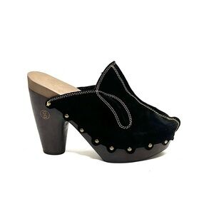 Vintage 1990s black suede wooden platform slip on clogs